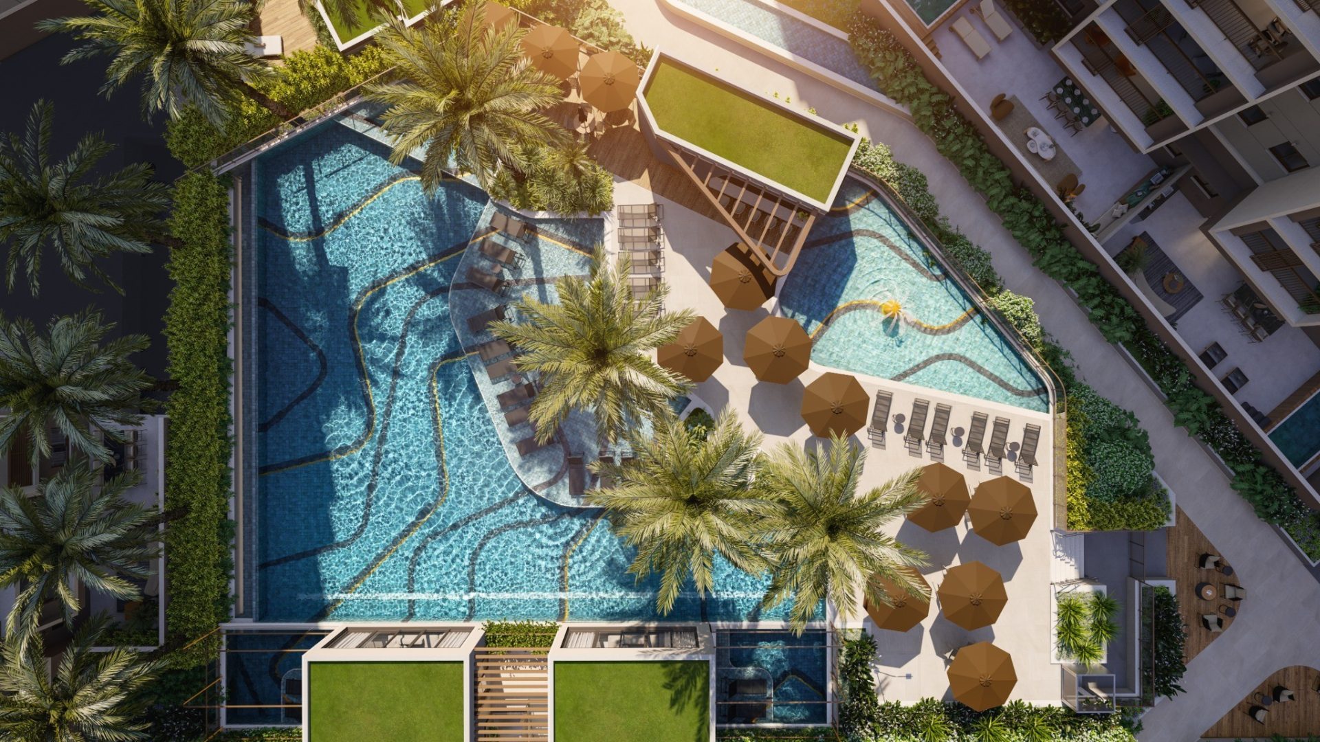 ILUSTRAÇÃO ARTÍSTICA VISTA AÉREA DAS PISCINAS